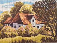 QUADRO CANOVACCIO MEZZO PUNTO PICCOLO DA RICAMARE 18 x 24 " CAPANNA NEL BOSCO "