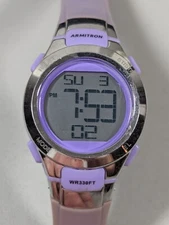 Armitron Pro Sport Silver Tone Digital Day Date Purple Resin Band Watch 8 Inch 