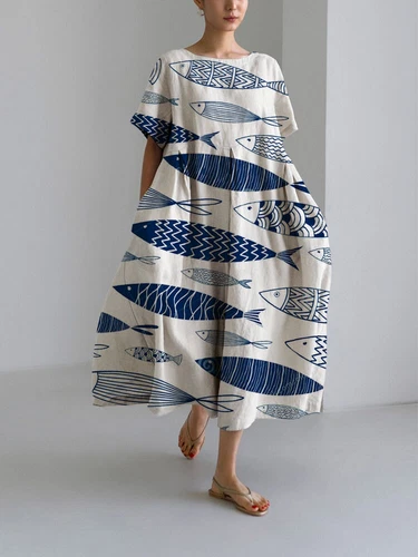 Damen Retro Rundhalsausschnitt Druck Kurzarm Rock Sommer Locker Lang Maxikleid - Bild 7 von 21