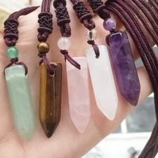 Mens Gemstone Crystal Point Protection Powers Amulet Pendant Necklace Amethyst