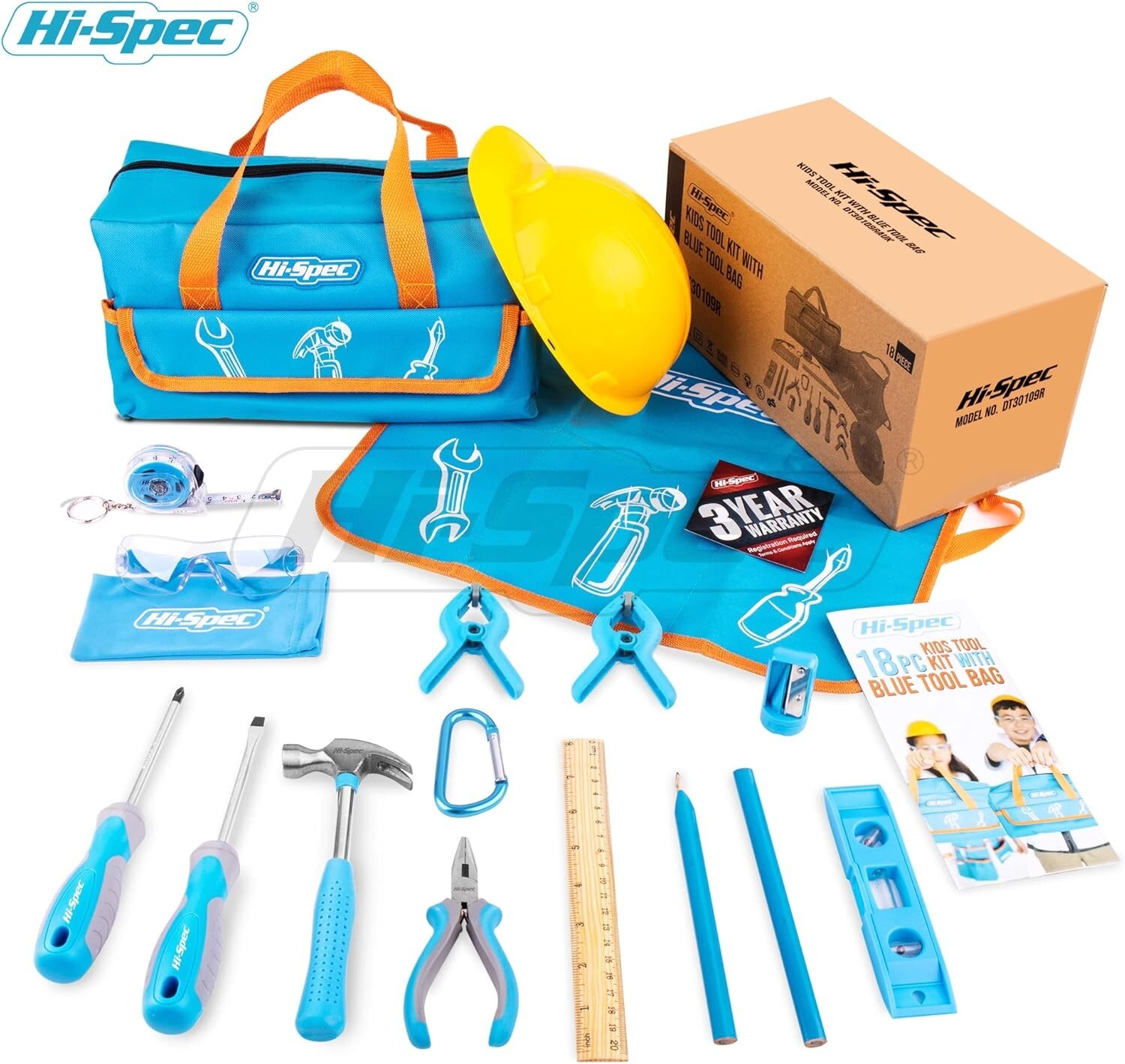 Blue Childrens Kids DIY Hand Tools Kit Set in Tool Bag, Metal Tools Hi-Spec 18pc