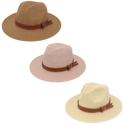 Women Summer Panama Straw Hat Flat Brim Beach Sun Cap Leather Belt Fedora  Trilby
