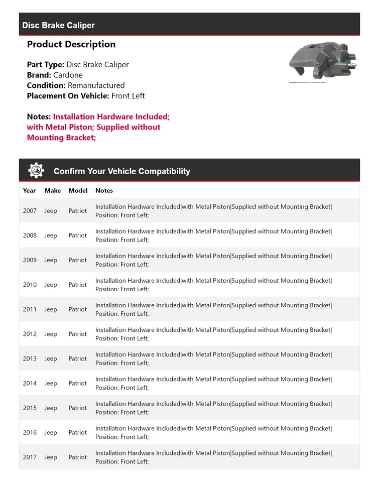 Pinza de freno de disco delantera izquierda Cardone 2008 2009 2010 para Jeep Patriot 2007-2017 Foto 2 de 4