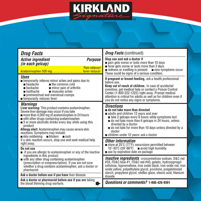 kirkland signature rapid release acetaminophen 500 mg 400 Gelcap