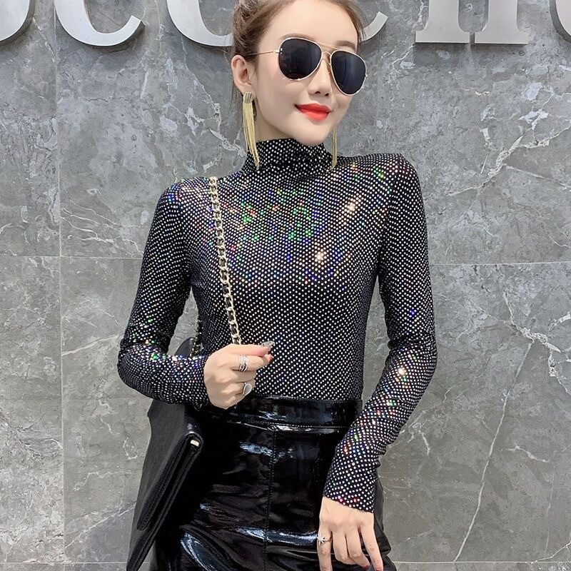 Women Bling Sequin Mock Neck Top Pullover Undershirt Slim Shirt Party Sexy Chic