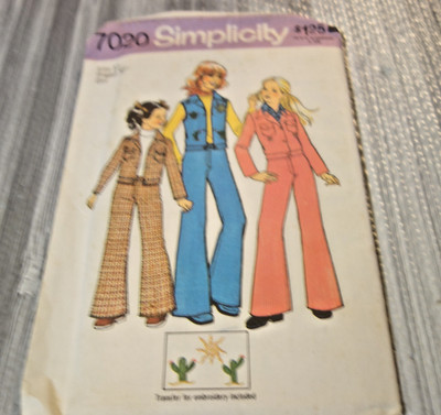 Vintage Simplicity 7020 Girls' Jacket Vest Boy-Cut Jeans Size 12 Uncut Year 1975