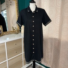 Christopher & Banks Linen Embroidered Floral Black Button-Down Collared Dress M