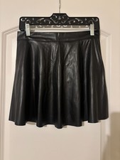 SHEIN Black Faux Leather Skater Mini Skirt High Waist Flare - Petite Large EUC
