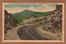 Blue Ridge Parkway Mount Mitchell Old Cars Burnsville NC UNP Linen Postcard