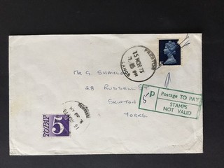 GB 1973 BOXED Postage TO PAY/STAMPS/NOT VALID (GREEN) MARK 5p POSTAGE DUE