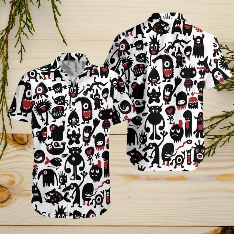 Halloween Hawaiian Shirt – Cartoon Monster Pattern, Fun Spooky Party Outfit