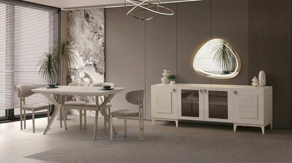 Esszimmer Set Esstisch 4X StüHle Spiegel Sideboard Beige Bequem-image