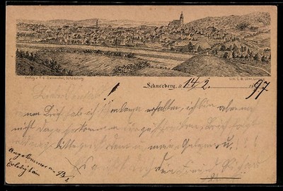 Lithographie Schneeberg, Totalansicht des Ortes mit Kirchen 1897 