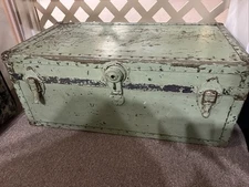 Vintage Wood & Brass Steamer   Trunk chest storage green Leather Handles ~1900’s