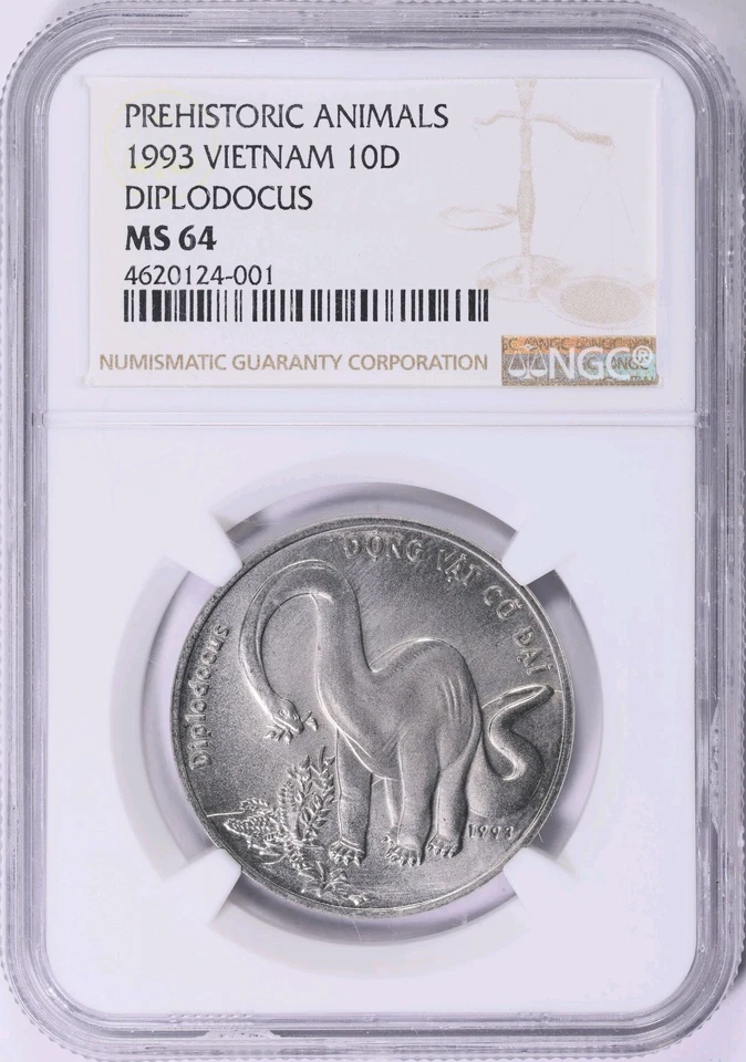 1993 Vietnam 10 Dong Diplodocus NGC MS64 Pre Historic Animals - Image 2 of 3