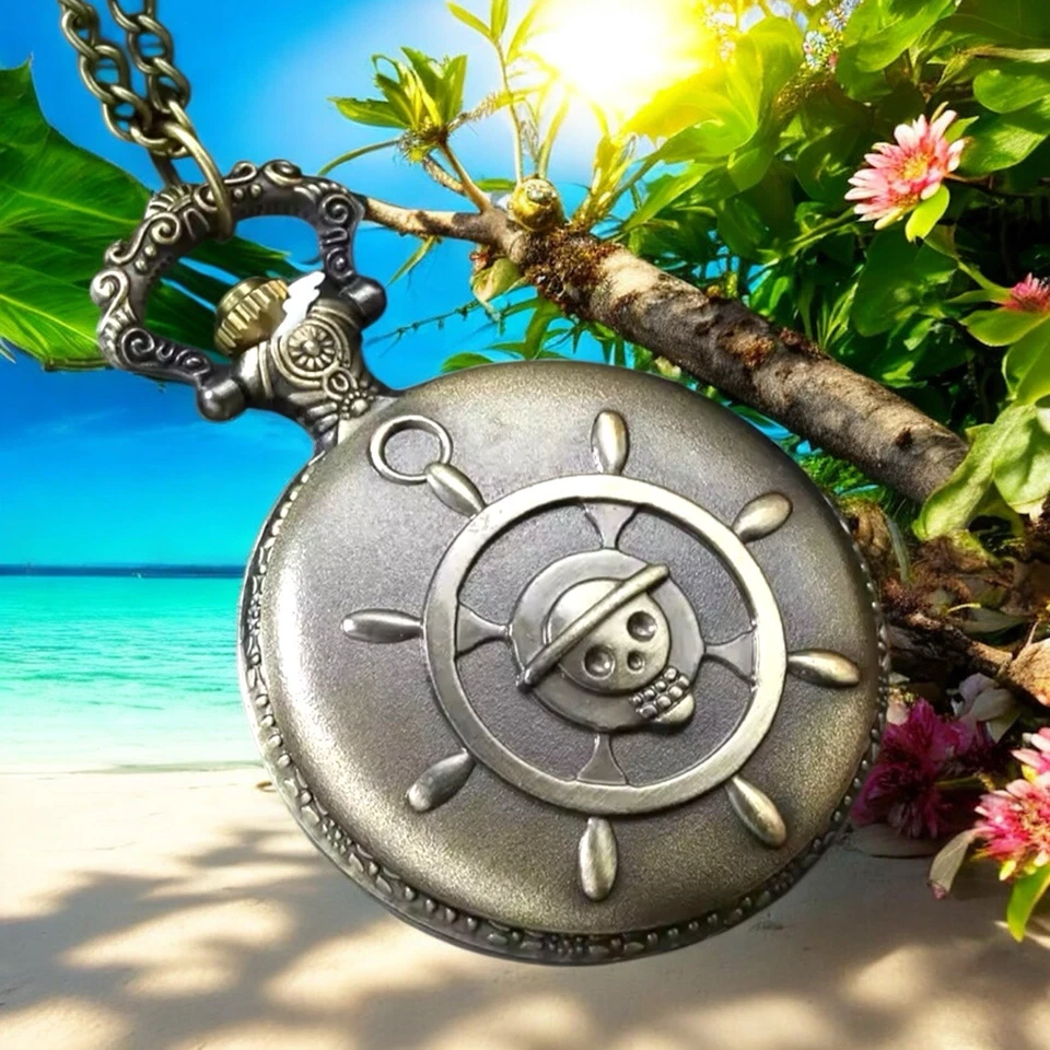 Reloj de Bolsillo de Cuarzo de Una Pieza de Anime Calavera Pirata de Bronce y Pulsera Gancho de Pez Foto 2 de 4