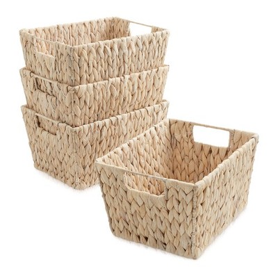 4pk Hyacinth Storage Baskets w Handles 12x9x6 Wicker Bins for Shelves, Whitewash