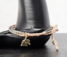 Double Strand Bracelet Pink  Clear Beads Gold Tone Elephant Charm J2-1988