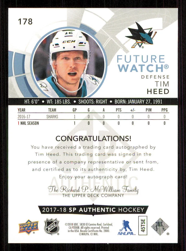 2017-18 SP Authentic Future Watch Inscribed AUTO #178 Tim Heed/50* /999 - Image 2 of 2