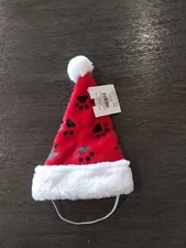 10" Pet Santa Hat, Paw Prints With Under Chin Strap For Pet Dog Or Cat