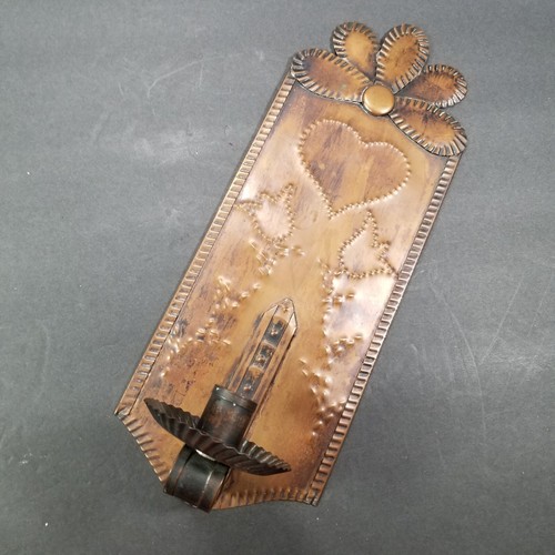 14" Primitive Punched Tin Tulip Heart Copper Flower Sconce Candle Holder - Picture 14 of 14