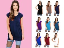 LADIES LOW CUT PLAIN HIP LONG LINE TOP GATHERING T SHIRT TUNIC UK PLUS SIZE