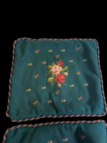 Vintage Needlepoint Pillow Covers Shams Green Floral GORGEOUS Plaid Back 17x20" - Picture 2 of 10