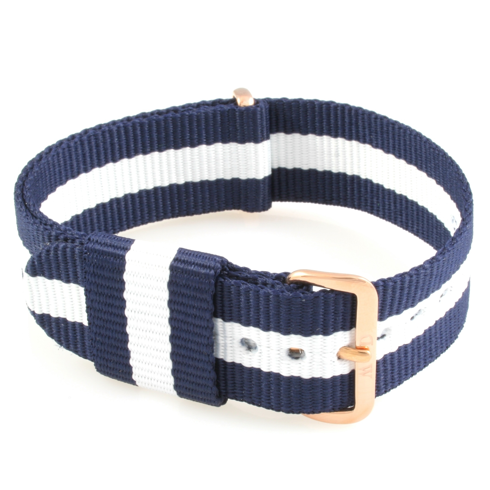 CINTURINO TIPO NATO WATCH BAND DANIEL WELLINGTON BLU BIANCO FIBBIA ROSATA