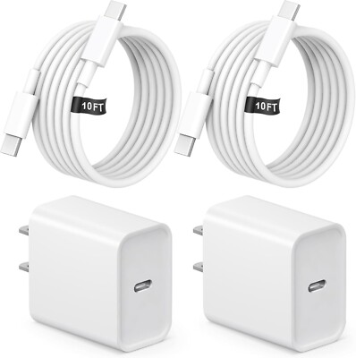 20W 2 Pcs Fast Charging Block & 2 Pcs Type C 10FT Cable For iPhone 15,16 (White)