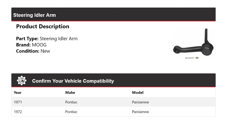 Brazo de rueda loca de dirección MOOG para Pontiac Parisienne 1971-1972 Foto 2 de 4