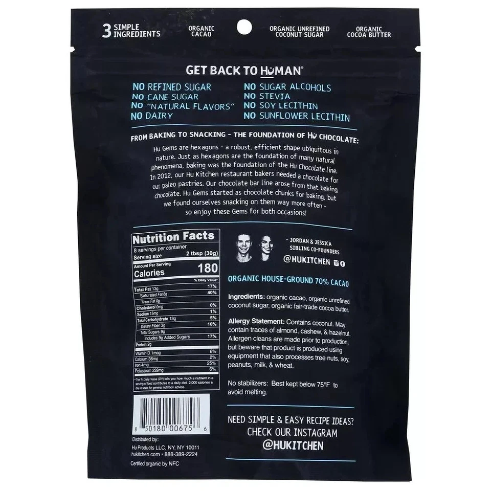 Gemas orgánicas de chocolate negro Hu Kitchen 9 oz - bocadillos y horneados paleo veganos Foto 2 de 2