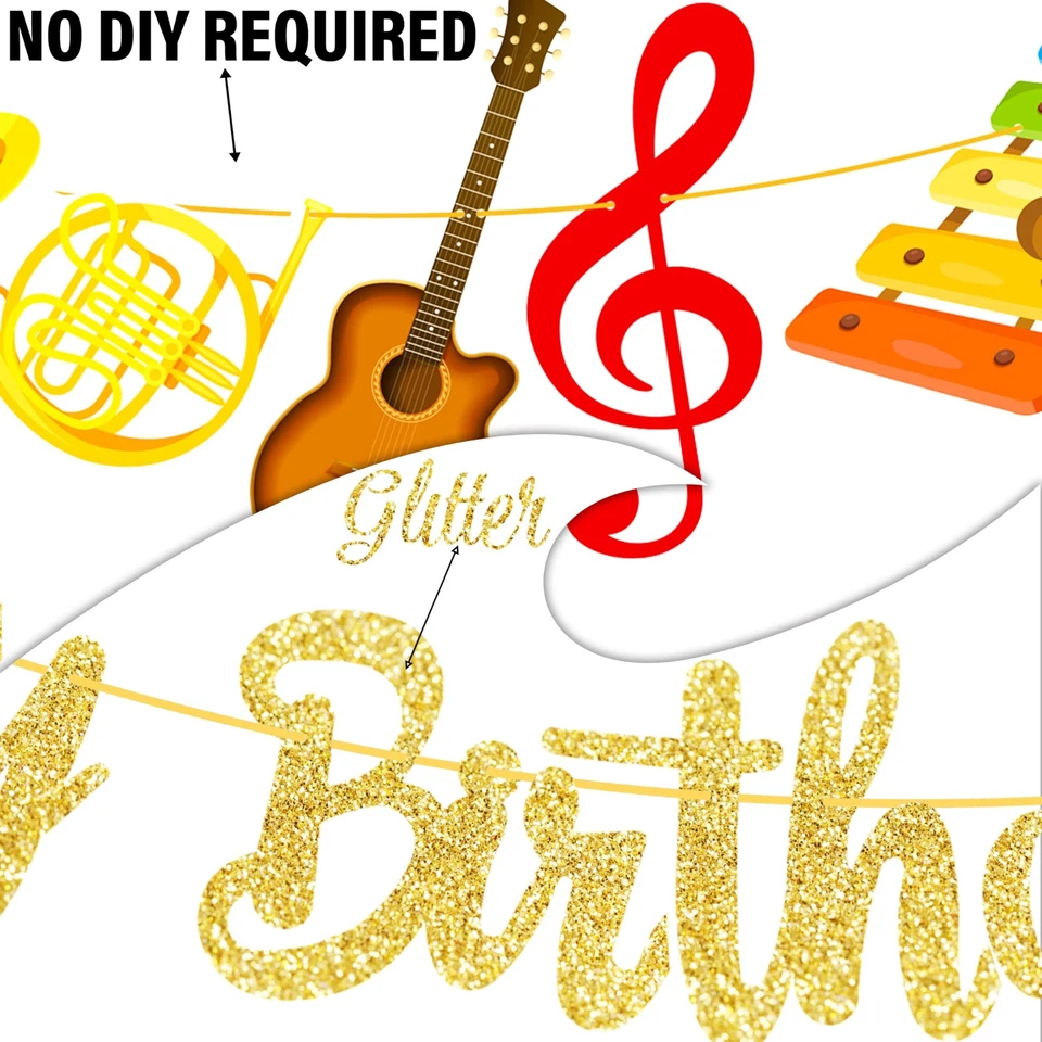 Banderas doradas de feliz cumpleaños - Instrumento musical tema colgante decoración para... Foto 4 de 4