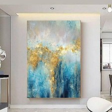 Modern   Abstrakte Blau Gold  Acryl gemälde Original Handgemalt  Malerei Kunst 