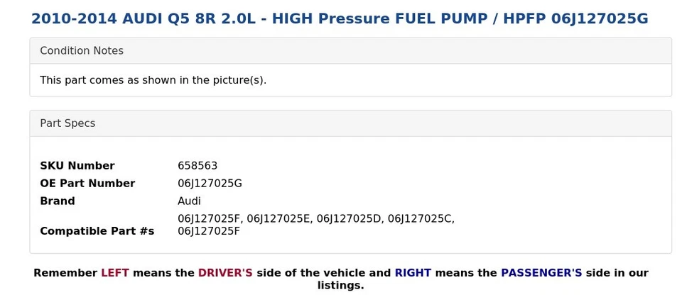 AUDI Q5 8R 2010-2014 2,0 L - BOMBA DE COMBUSTIBLE DE ALTA PRESIÓN / HPFP 06J127025G Foto 4 de 4