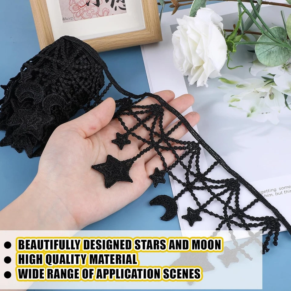 3 Yards Black Embroidered Lace Trim with Stars for DIY Sewing Crafts - Image 3 of 4