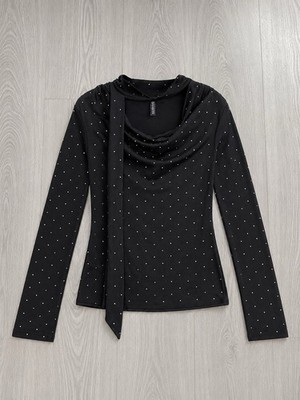 New HM Divided Black long sleeve knit top with rhinestones and Scarf Detail Top