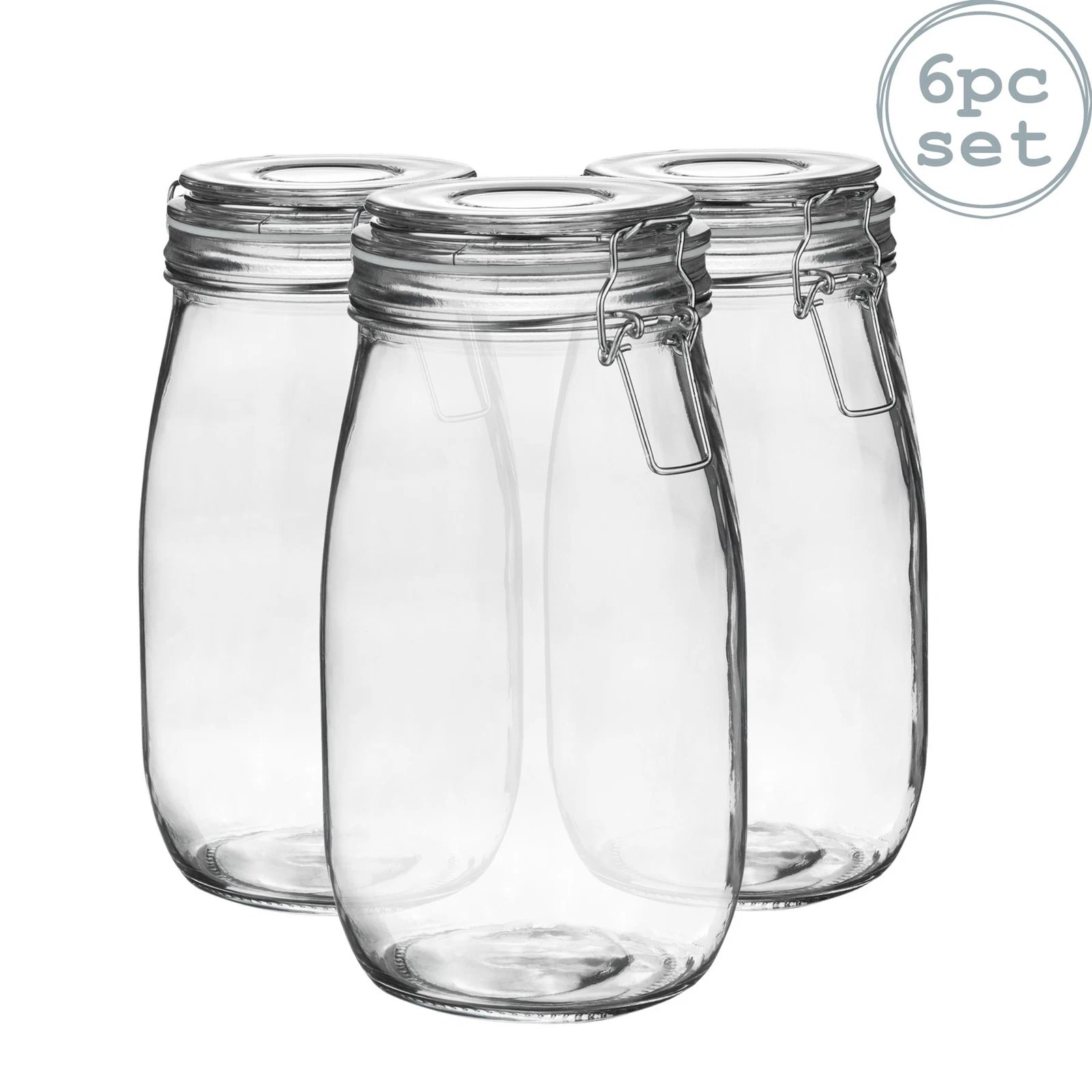 Argon Tableware Glass Storage Jars - 1.5 Litre - White Seal - Pack of 6
