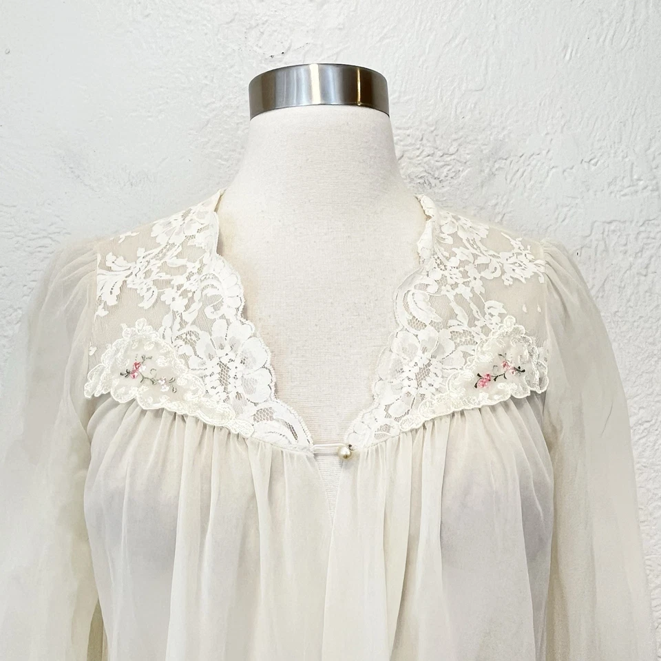 Bata Peignoir Vintage Crema Tul Transparente Malla Encaje S/M Foto 2 de 4