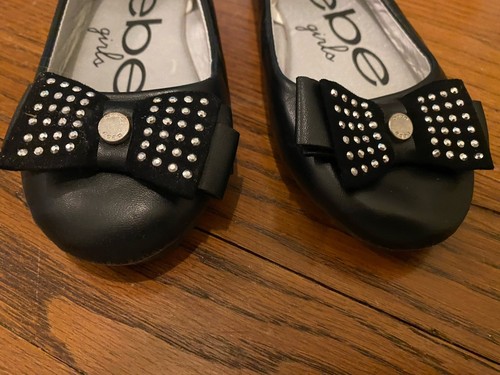 Bebe Girls Black Studded Silver Bow Slip On Ballet Flats Medium 13-1 - Picture 3 of 5