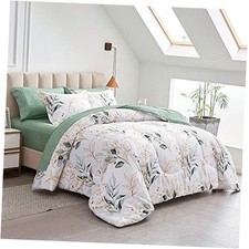 7 Piece Bed in a Bag Queen, Green Leaves Printed on Queen-7pieces Botanical 02