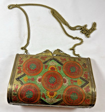 Vintage Etched Brass Floral Enameled Metal Peacock Purse Clutch Minaudiere