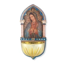 Our Lady of Guadalupe 2D Holy Water Font, 5", Wood back Gold-Embossed