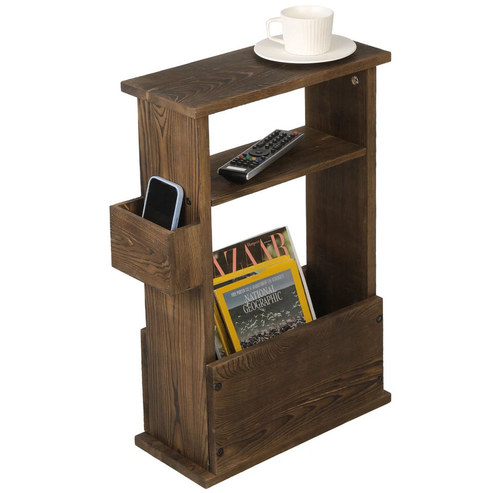 Rustic Burnt Wood End Table w/ Magazine Holder, Shelf & Remote Control Holder - Image 2 of 4