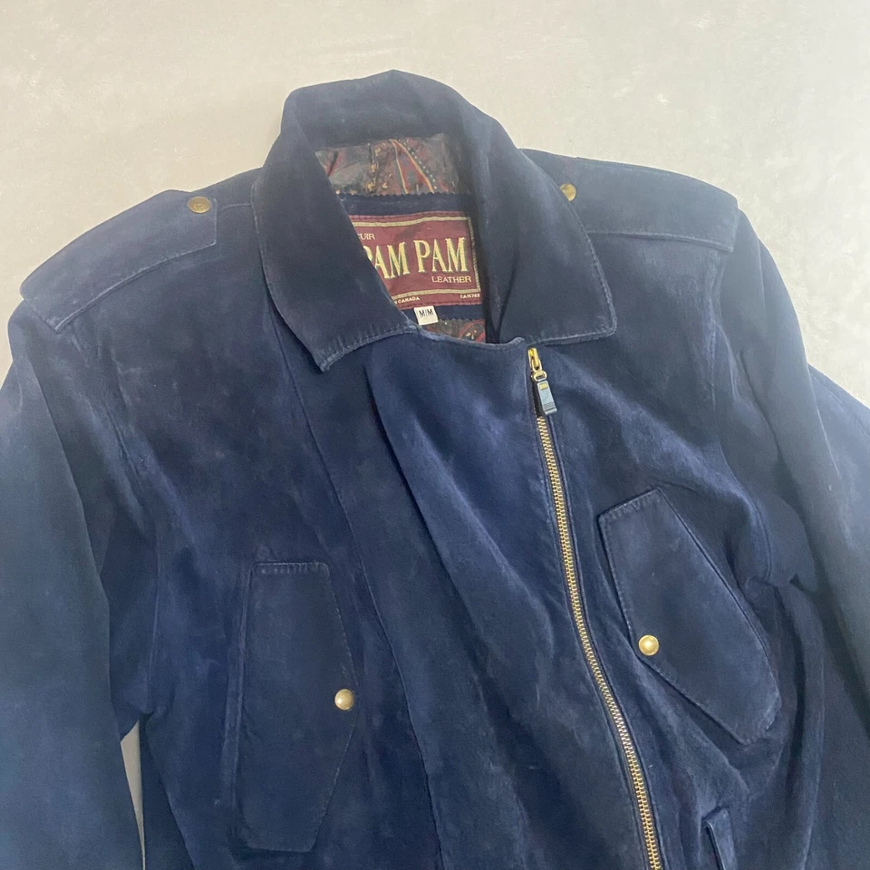 Chaqueta de Cuero Pam Pam Para Mujer Talla Mediana Cremallera Completa Azul Marino Forrada de Cachemira Ejército Retro Foto 3 de 4