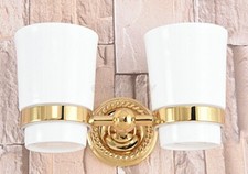 Gold Color Brass Wall Mounted Bathroom Toothbrush Holder with 2 Ceramic Cups