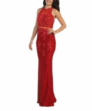 RED EVENING MAY QUEEN Red Floral Lace Mesh-Panel Gown RED 8 NEW