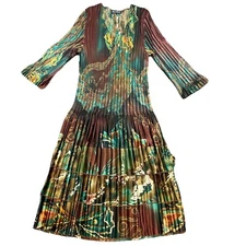 Women Mini Pleat graphic Print Sheath Dress 3/4 Sleeves Expandable One Size Fit