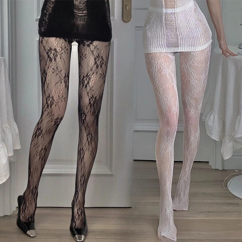 Pantimedias de malla floral de encaje para mujer estilo gótico de ratán calce Foto 2 de 4