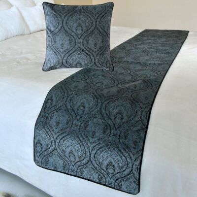 Decorative Gray Suede King Bed Runner, Victorian & Bead Embroidery - Beatrice