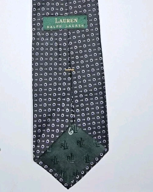 Corbata de seda Ralph Lauren 57" x 3,75" negra con círculos geométricos morados y blancos Foto 3 de 4